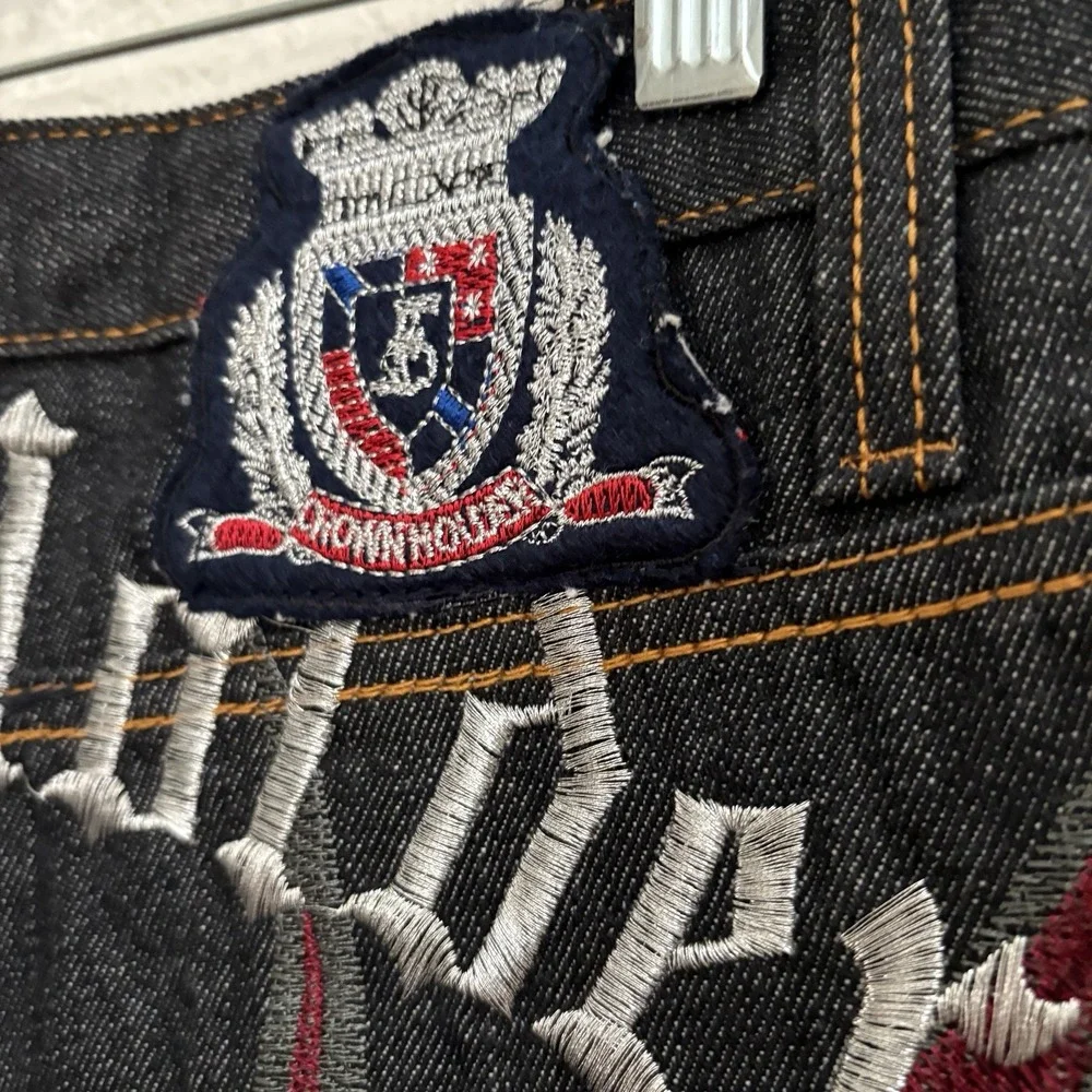 Vintage New Crown Holder Mens embroidered Jeans 32x32 Y2K Hip Hop Dark Wash